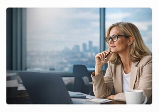 Professional woman sitting at desk in executive office pondering