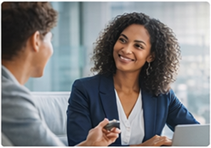 Two executive woman in a meeting talking and smiling