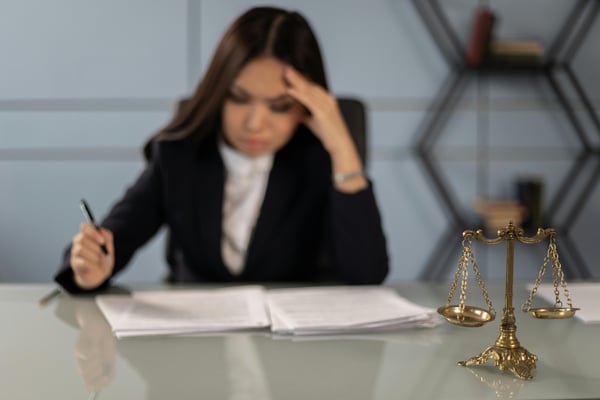 Stressed female leader at desk